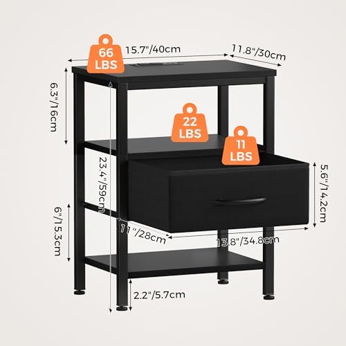DUMOS Night Stand Set 2 with Charging Station, End Table with Fabric Drawer
