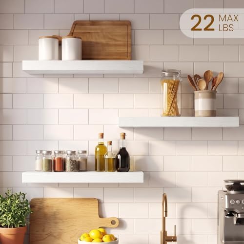 White Floating Shelves for Bathroom, 16" x 6.7" Wall Shelves, Set of 3
