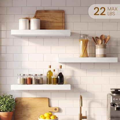 White Floating Shelves for Bathroom, 16" x 6.7" Wall Shelves, Set of 3
