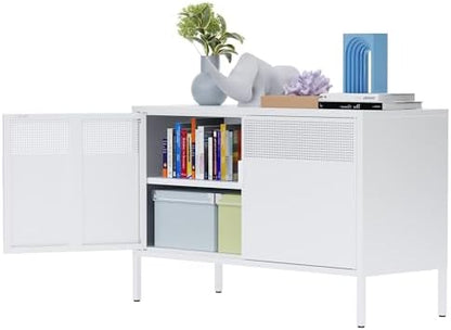 Ustamio White Metal Locker Storage Cabinet with Adjustable Shelf, Low Metal Storage Cabinet for Home Office, 2 Door Small Decorative Metal Locker Tv Stand Cabinet