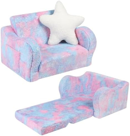 Kids Sofa Chair, 2-in-1 Foldable Couch, Plush, Pastel Tie-Dye