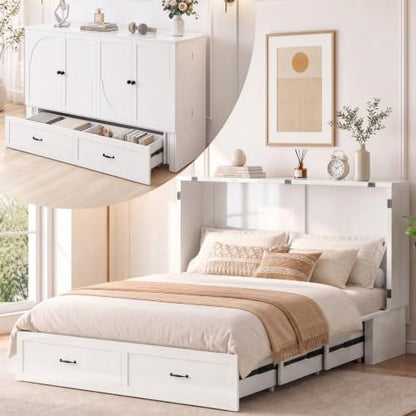 BALUS Queen Murphy Cabinet Bed with Drawers and Tri-Fold Mattress, White