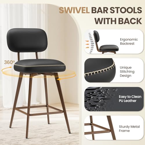 MALOL 26“ Mid Century Leather Swivel Bar Stools Set of 2, Black