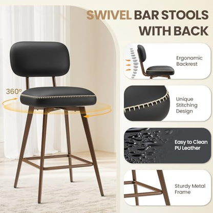 MALOL 26“ Mid Century Leather Swivel Bar Stools Set of 2, Black