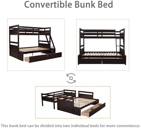 Merax Twin Over Full Bunk Bed, Wood Bunk Bed with Removable Ladders and Two Storage Drawers, Convertible into Two Individual Beds (Espresso)