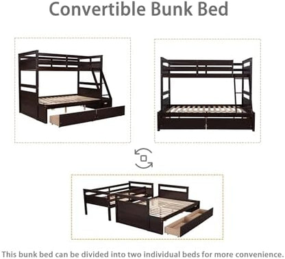 Merax Twin Over Full Bunk Bed, Wood Bunk Bed with Removable Ladders and Two Storage Drawers, Convertible into Two Individual Beds (Espresso)