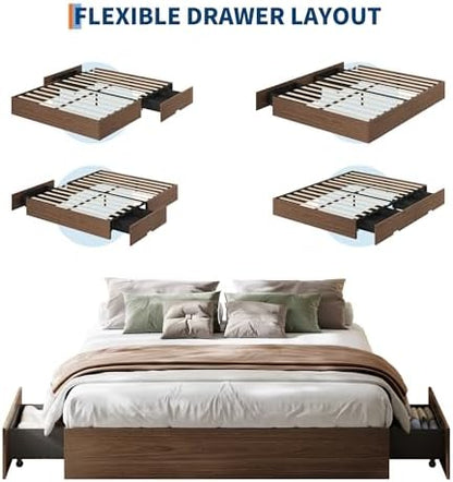Garvee Queen Bed Frame with 2 Storage Drawers, Wood Platform Bed
