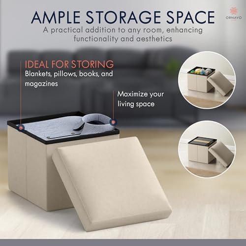 Ornavo Home Small Square Storage Ottoman, Foldable Linen, 12x12x12, Beige