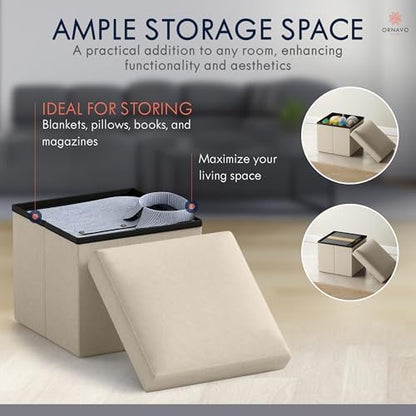 Ornavo Home Small Square Storage Ottoman, Foldable Linen, 12x12x12, Beige