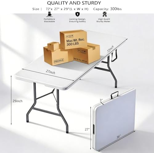 6FT Commercial Folding Table,Portable White HDPE Utility Table,100 Pack