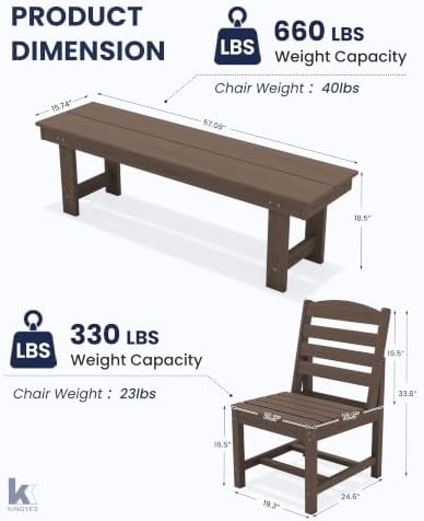 KINGYES 6-Piece Patio Dining Set,HDPE Table Bench and Armless Chairs Coffee