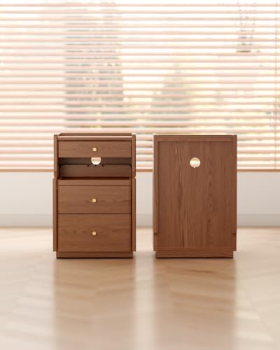 Solid Wood Narrow Nightstand with 3 Drawers,Walnut 15.7",Fully Assembled