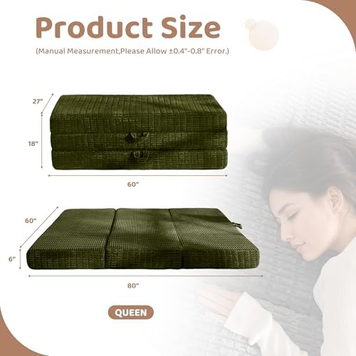BYBYME Memory Foam Tri-Folding Mattress, 6 Inch Gel Folding Mattress Topper, Foldable Soft Guest Bed Camping Pad, with Washable Cover (Green, Queen)
