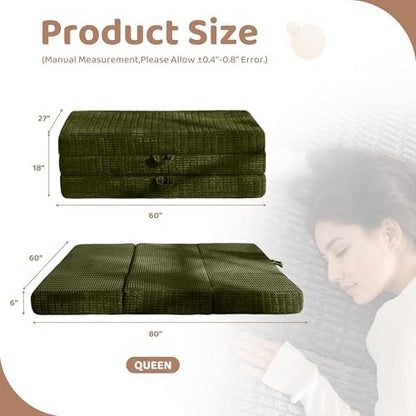 BYBYME Memory Foam Tri-Folding Mattress, 6 Inch Gel Folding Mattress Topper, Foldable Soft Guest Bed Camping Pad, with Washable Cover (Green, Queen)