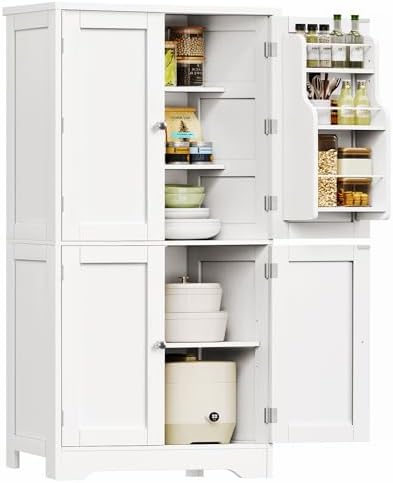 TEENFON Storage Cabinet, Pantry Cabinet with 4 Doors and 3 Storage Shelves, Kitchen Cabinet, Bathroom Storage Cabinet for Living Room, Small Space, Dining Room, 51”H White