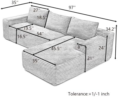 97" Cloud Boneless Couch, L-Shaped Sectional Sofa for Living Room, Grey