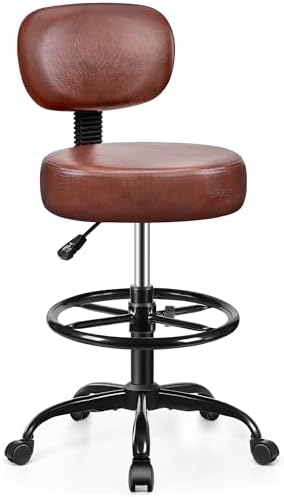Drafting Chair with Backrest – Adjustable Foot Rest Rolling Stool with Wheels, PU Leather Swivel Stool for Office Spa Studio Lab Counter Salon Home Work Bar Kitchen Shop(Ember Brown)