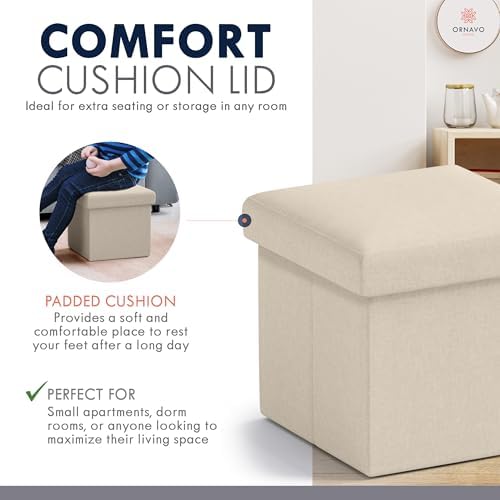 Ornavo Home Small Square Storage Ottoman, Foldable Linen, 12x12x12, Beige