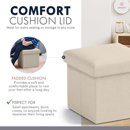 Ornavo Home Small Square Storage Ottoman, Foldable Linen, 12x12x12, Beige