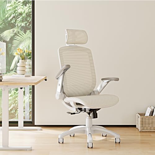 GABRYLLY Ergonomic Office Chair, High Back Home Desk Chair with 2D Flip-Up Arms, 3D Headrest, 90-120° Tilt and Wide Cushion, Big and Tall Mesh Chairs for Man Woman, Computer Task Chair Beige