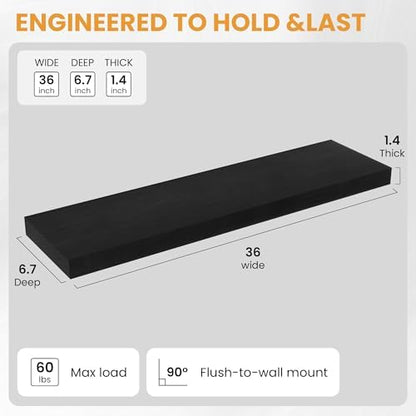 Wood Floating Shelves Set of 2, Rustic Pine Wood Floating Shelves for Wall Mounting, Wide Wall Shelf for Home Decor and Storage, 36" W x 7" D, Black