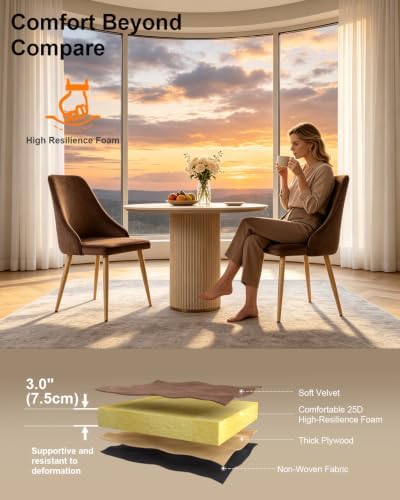 High Back Dining Chairs Set of 2, Mid-Century Modern Living Room Chairs, Upholstered Kitchen Chairs with Velvet Comfortable Seats for Bedroom Office, Easy Assembly-Brown