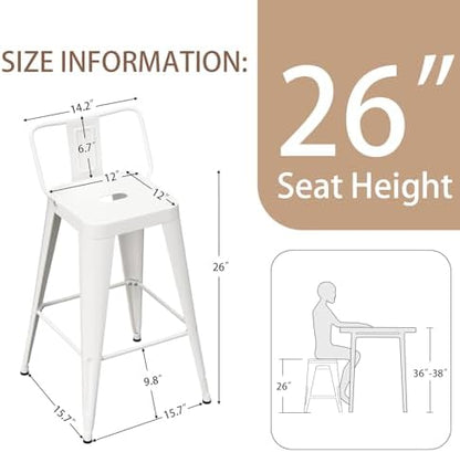 26”Metal Bar Stools Set of 4, Counter Height Stools with Removable Back, White Barstools for Kitchen Island