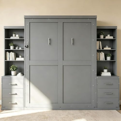 Queen Murphy Bed with Storage Shelves and Drawers, Solid Wood Foldable Hidden Vertical Murphy Wall Bed with Storage Bookcase for Adults, Library,Guest Room,Bedroom,Office,Space-Saving (Queen,Grey)