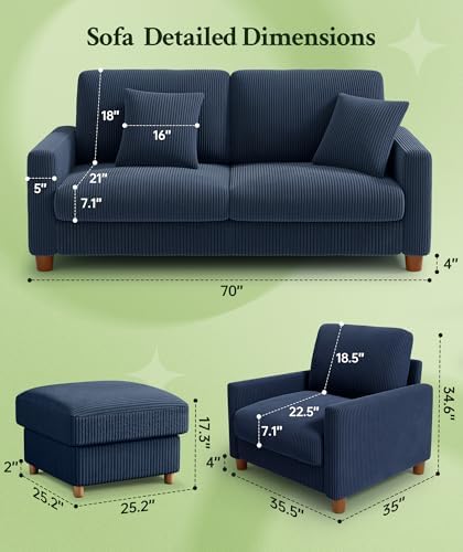 Welzona 70.2" Couches for living room, Comfy Corduroy Couch Set, Sofa Set
