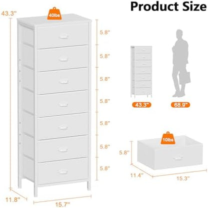White Tall Dresser for Bedroom, Chest of Drawer with Fabric Drawer