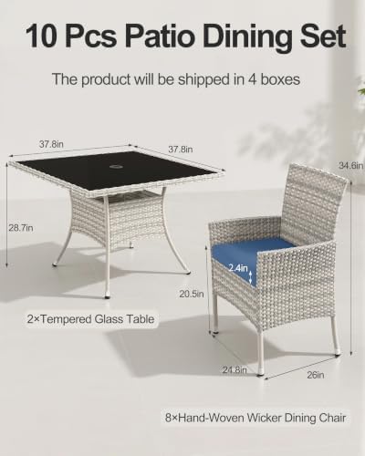 10-Piece Patio Dining Set, 2 Tempered Glass Tables & 8 Wicker Chairs