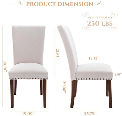 Set of 4 Beige Upholstered Dining Chairs, Farmhouse Kitchen Chairs with High Back Support, Solid Rubberwood Legs, Comfortable Padded Seat, Bronze Nailhead Trim, Dining Room Chairs for Family Meals
