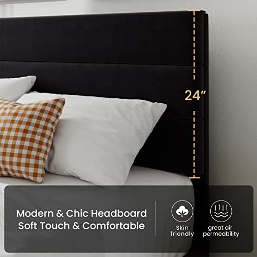 SHA CERLIN Full Platform Bed Frame with Upholstered Velvet Headboard, Black