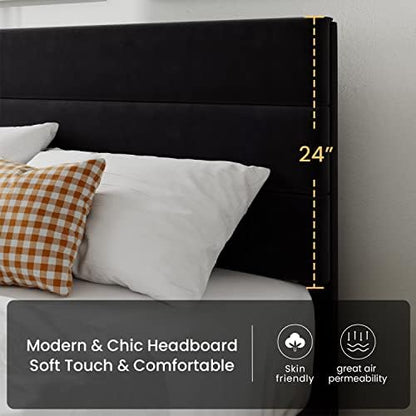 SHA CERLIN Full Platform Bed Frame with Upholstered Velvet Headboard, Black