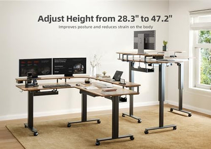Claiks L Shaped Standing Desk with Drawers, 63 Inch, Rustic Brown
