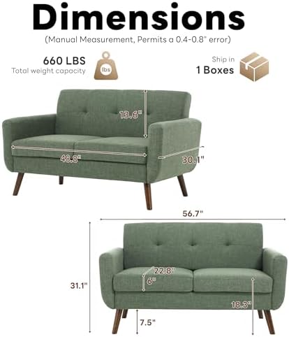 Tbfit 56" W Loveseat Sofa, Mid Century Modern Decor Love Seat Couches for Living Room, Button Tufted Upholstered Small Couch for Bedroom, Solid and Easy to Install Love Seats Furniture, Green