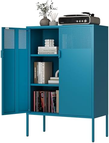 Ustamio Blue Metal Storage Cabinet - 3 Tier Steel Office Storage Cabinet with Doors and Shelves for Home, Office and Kitchen