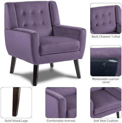 Pia Ricco Mid Century Modern Button Tufted Purple Velvet Set of 2 Accent Armchair for Living Room