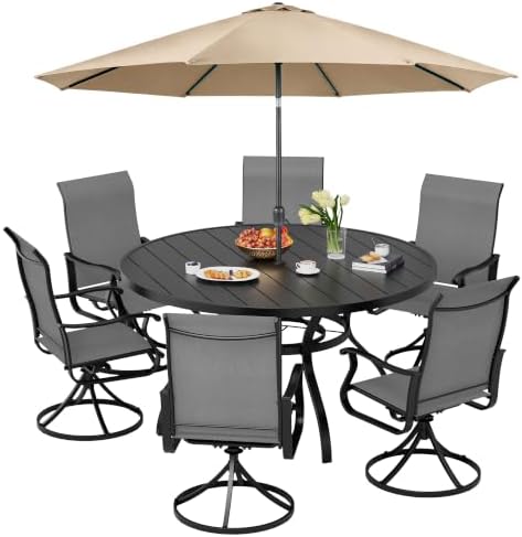 SUNCROWN 8-Piece Outdoor Dining Set, All Weather Patio Furniture Sets with 6 Dark Gray Swivel Textilene Mesh Chairs & Round Metal Table & 1 Brown 9Ft Umbrella for Deck Garden Backyard Poolside