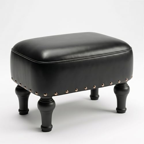Cmishe Ottoman Leather Footrest,Vintage Footstool,Thickened Foam Upholstered Seat,Wooden Leg Foot Rest,Under Desk Shoe Bench Small Bench for Living Room Dining Room(Black)