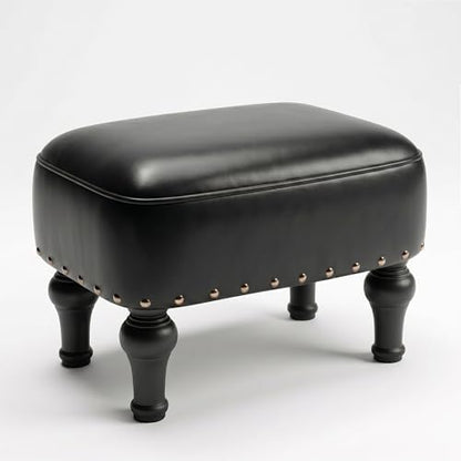 Cmishe Ottoman Leather Footrest,Vintage Footstool,Thickened Foam Upholstered Seat,Wooden Leg Foot Rest,Under Desk Shoe Bench Small Bench for Living Room Dining Room(Black)