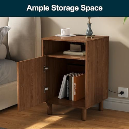 RoyalCraft Walnut Nightstand with Charging Station, End Table with Storage