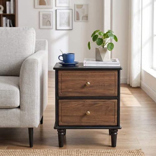 100% Solid Wood Nightstand, Mid Century Modern Night Stand with Drawers, Wooden Nightstands for Bedroom, Small Night Stands Bedside Tables (Black/Walnut, 19.69" H)