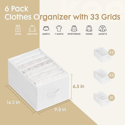 6 Pack Large Clothes Organizer, Wardrobe Closet Organizer and Storage with Handles, Foldable Fabric Closet Organizers Dividers for Clothing, Pants, Jeans, Sweater, T-shirts, White