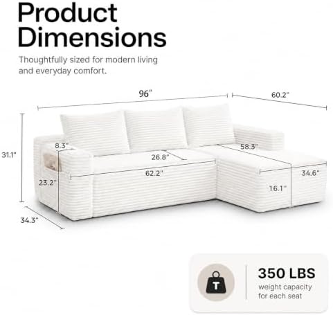 96 inch Boneless Couch, Modular L-Shaped Cloud Sectional Sofa, White