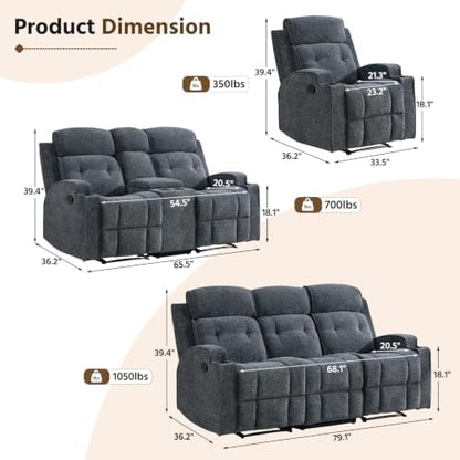 HAOMARKETS 3-Piece Manual Recliner Sofa Set, Included Recliner, Loveseat with Center Console and 3-Seater Couches, Overstuffed Reclining Couches with Cup Holders for Living Room, Dark Grey