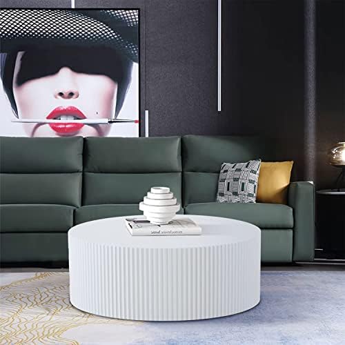 White Round Drum Coffee Table Modern Large Round Coffee Table Wood Side Table for Living Room Office Apartment