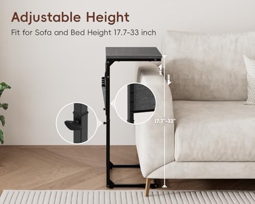 Vagusicc C-Shaped End Table with Charging Station, Small Side Table for Couch, 33" Tall Adjustable Height C Table, Couch Tables that Slide Under, Sofa Table TV Tray for Living Room, Gray Walnut