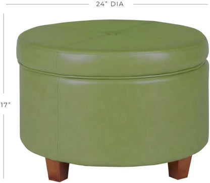 HomePop Round Leatherette Storage Ottoman with Lid, Moss Green Large