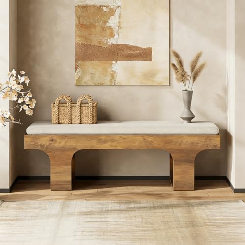 LITTLE TREE 55.2" Dining Bench with Linen Cushion, Farmhouse Entryway Bench